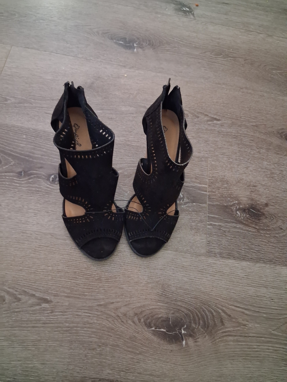 Qupid Black Laser-Cut Strappy High Heel Sandals